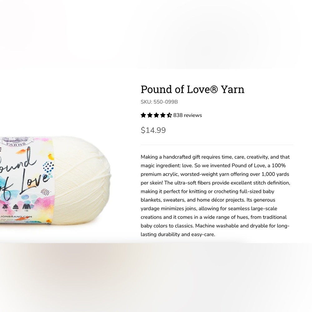 LION BRAND YARNS, Pound of Love® Yarn, NWT see my closet for other colors - Picture 6 of 7